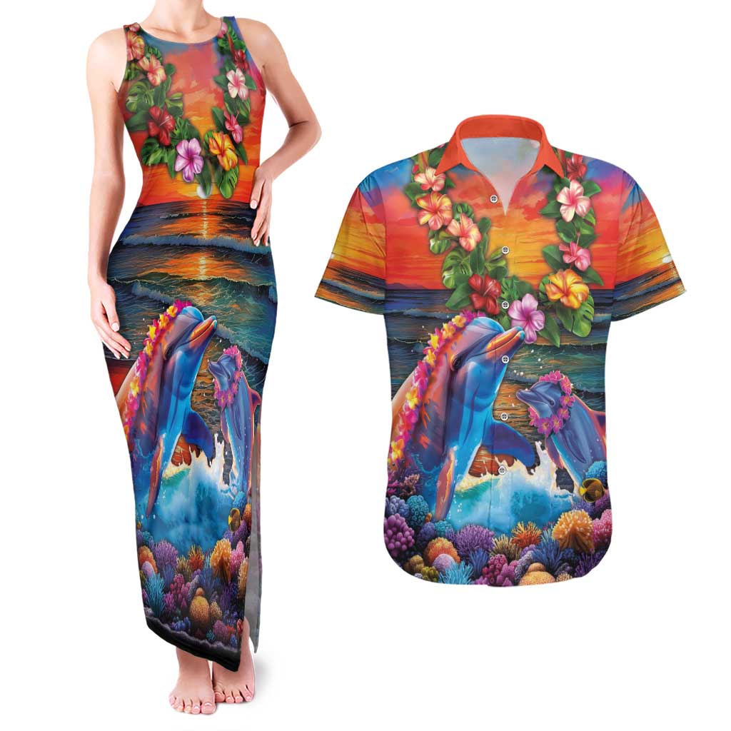 Hawaiian Lei Day Couples Matching Tank Maxi Dress and Hawaiian Shirt Dolphins with Colorful Corals and Romantic Sunset