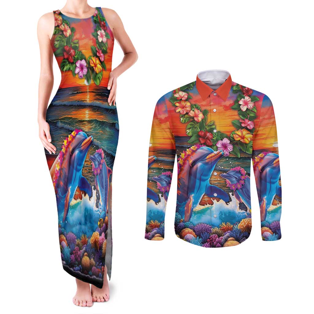 Hawaiian Lei Day Couples Matching Tank Maxi Dress and Long Sleeve Button Shirt Dolphins with Colorful Corals and Romantic Sunset LT03 Orange - Polynesian Pride