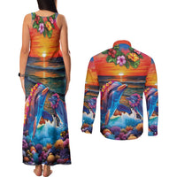 Hawaiian Lei Day Couples Matching Tank Maxi Dress and Long Sleeve Button Shirt Dolphins with Colorful Corals and Romantic Sunset LT03 - Polynesian Pride