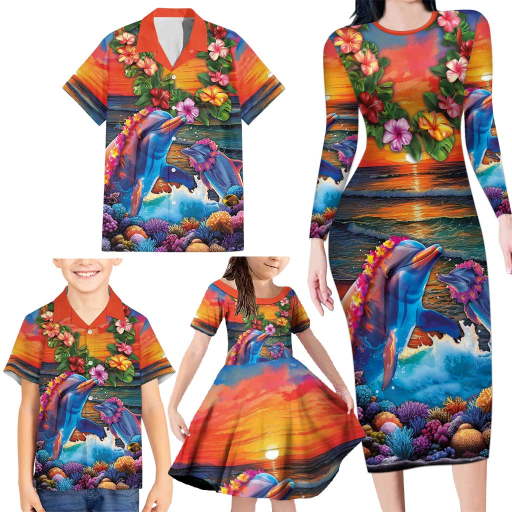 Hawaiian Lei Day Family Matching Long Sleeve Bodycon Dress and Hawaiian Shirt Dolphins with Colorful Corals and Romantic Sunset