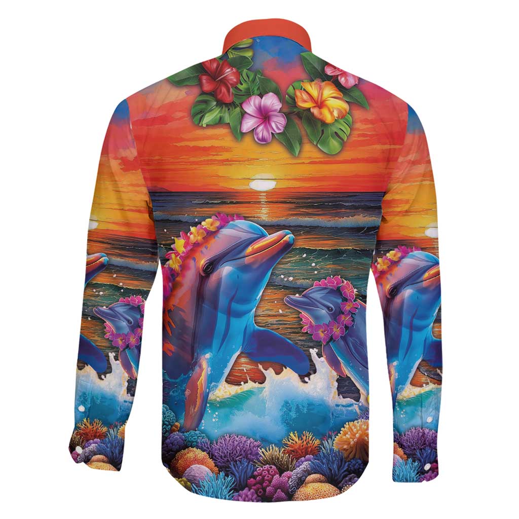 Hawaiian Lei Day Family Matching Long Sleeve Bodycon Dress and Hawaiian Shirt Dolphins with Colorful Corals and Romantic Sunset