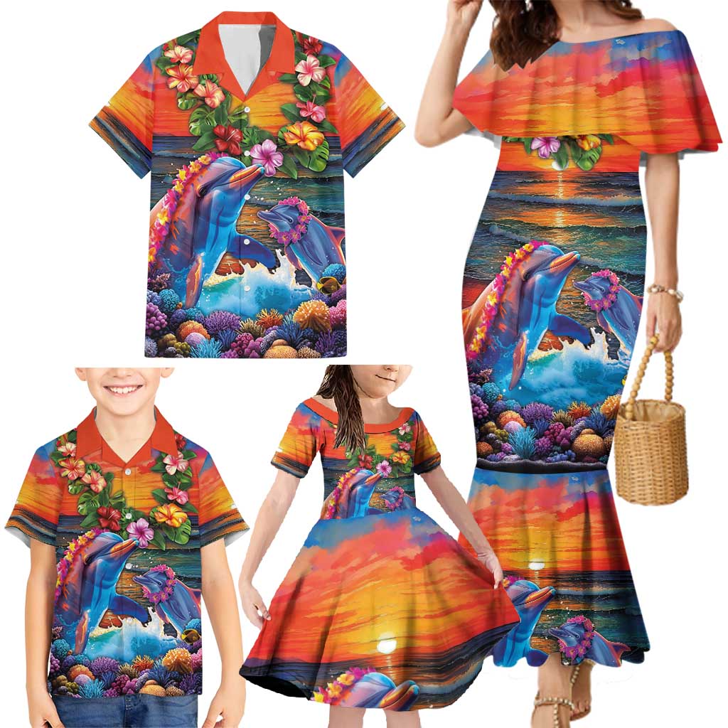 Hawaiian Lei Day Family Matching Mermaid Dress and Hawaiian Shirt Dolphins with Colorful Corals and Romantic Sunset