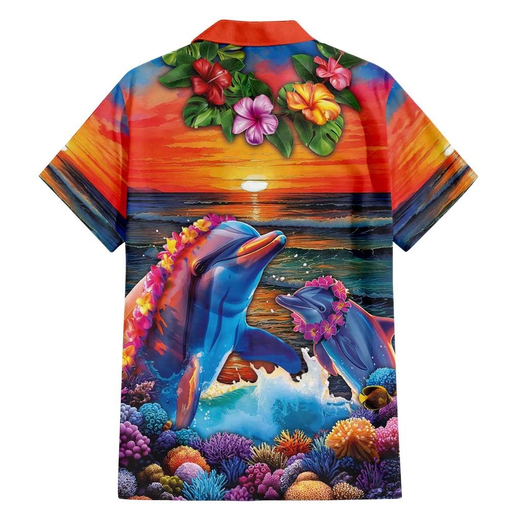 Hawaiian Lei Day Family Matching Off Shoulder Maxi Dress and Hawaiian Shirt Dolphins with Colorful Corals and Romantic Sunset