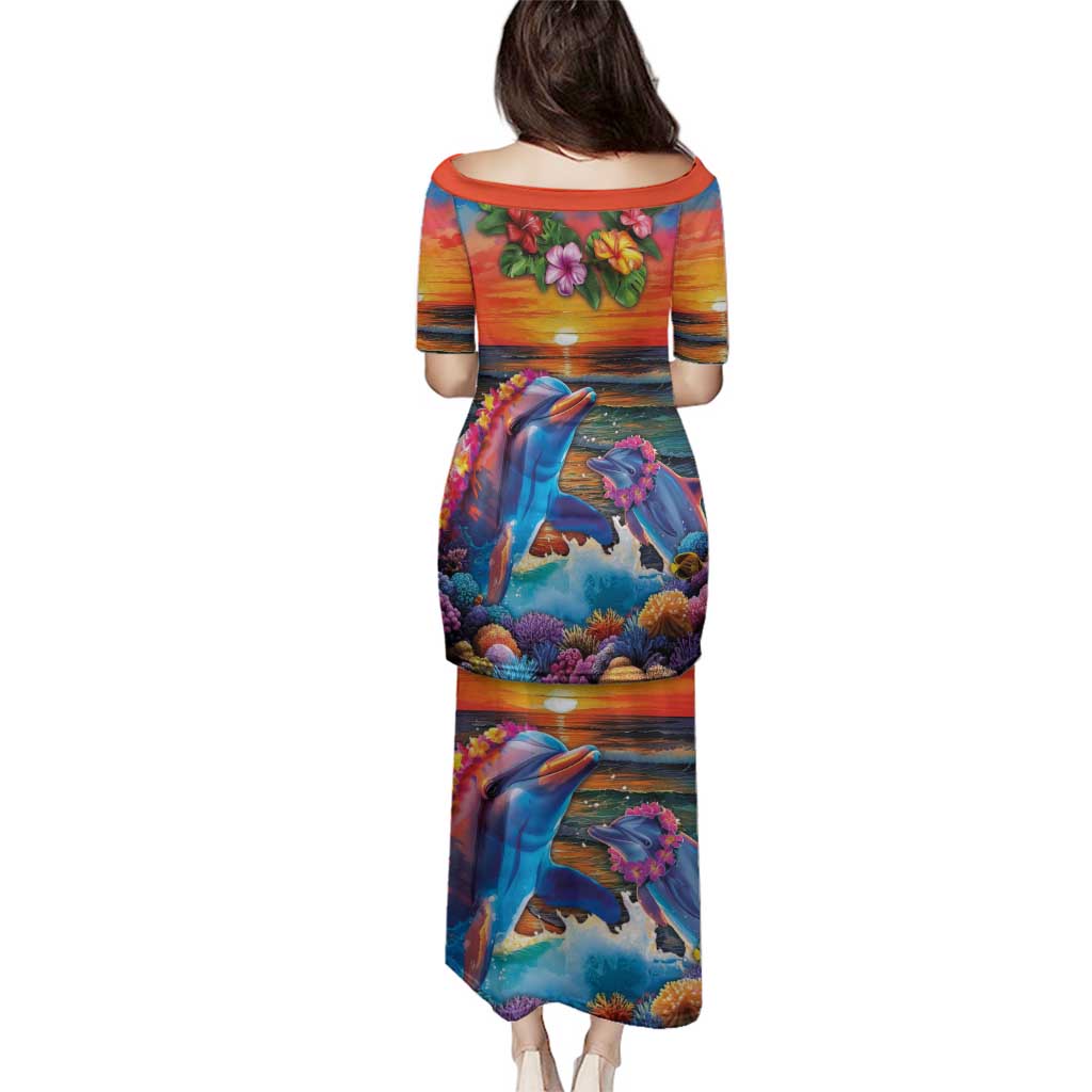 Hawaiian Lei Day Family Matching Puletasi and Hawaiian Shirt Dolphins with Colorful Corals and Romantic Sunset