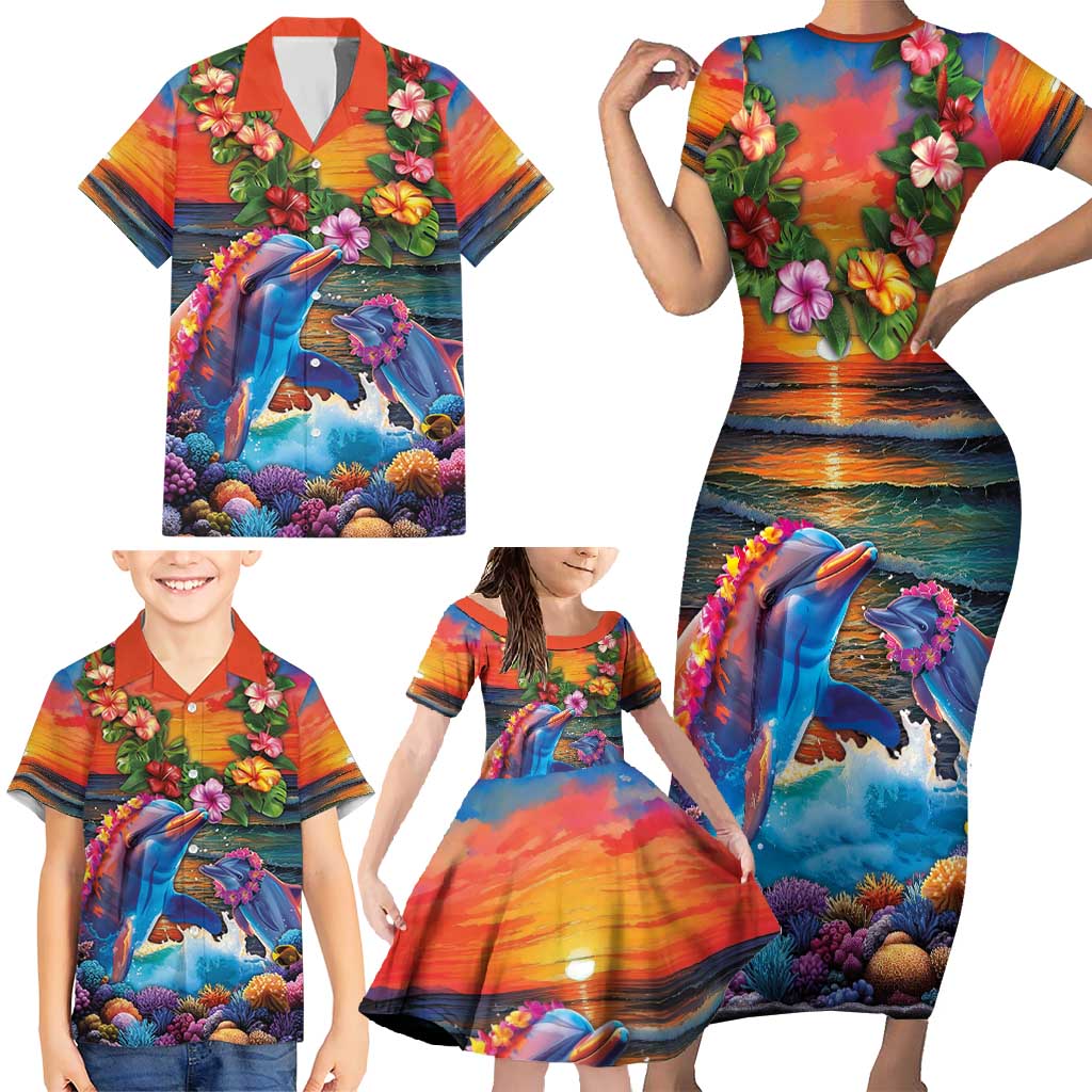 Hawaiian Lei Day Family Matching Short Sleeve Bodycon Dress and Hawaiian Shirt Dolphins with Colorful Corals and Romantic Sunset