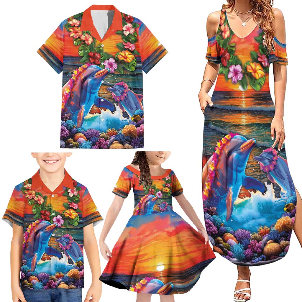 Hawaiian Lei Day Family Matching Summer Maxi Dress and Hawaiian Shirt Dolphins with Colorful Corals and Romantic Sunset