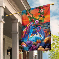 Hawaiian Lei Day Garden Flag Dolphins with Colorful Corals and Romantic Sunset LT03 House Flag Orange - Polynesian Pride