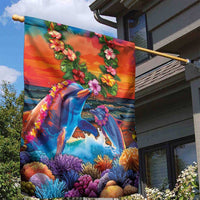 Hawaiian Lei Day Garden Flag Dolphins with Colorful Corals and Romantic Sunset LT03 - Polynesian Pride
