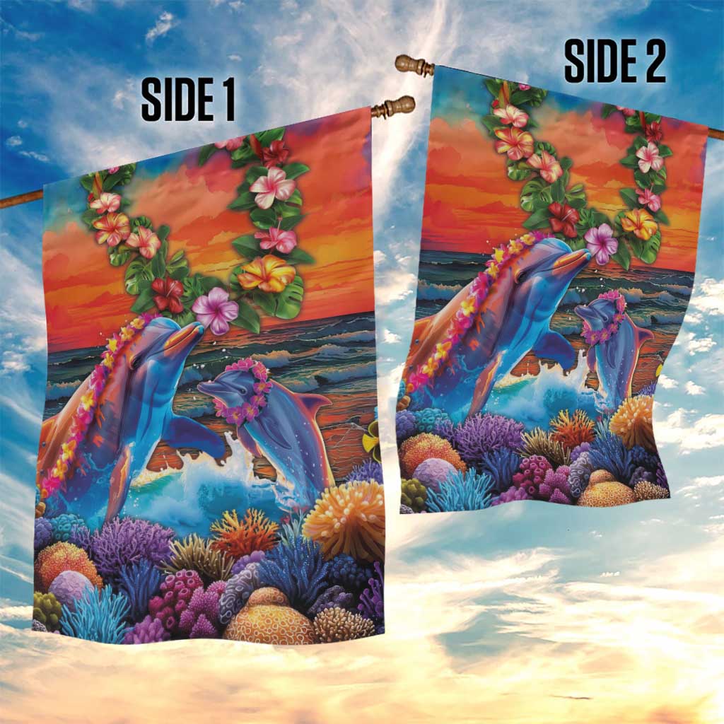Hawaiian Lei Day Garden Flag Dolphins with Colorful Corals and Romantic Sunset LT03 - Polynesian Pride
