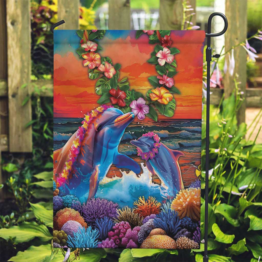 Hawaiian Lei Day Garden Flag Dolphins with Colorful Corals and Romantic Sunset LT03 Garden Flag Orange - Polynesian Pride