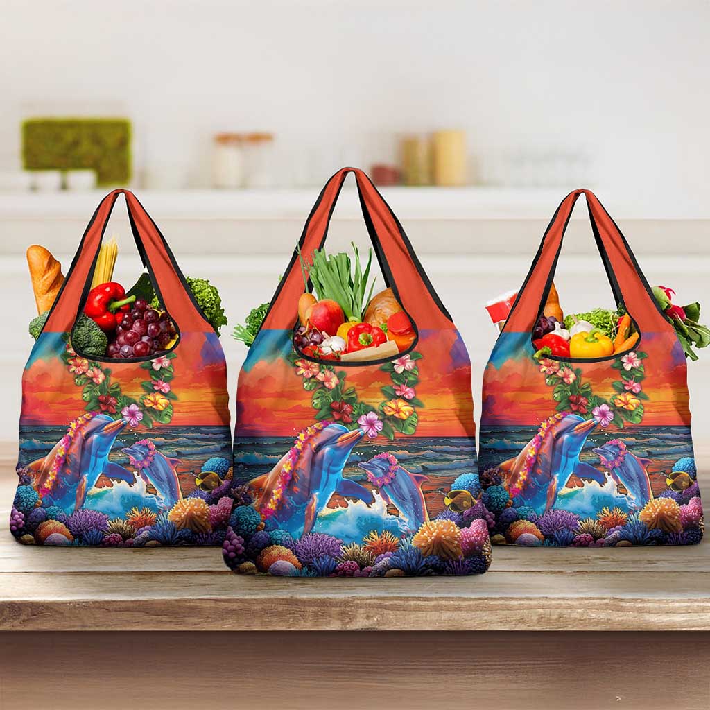 Hawaiian Lei Day Grocery Bag Dolphins with Colorful Corals and Romantic Sunset LT03 3-pack One Size Orange - Polynesian Pride