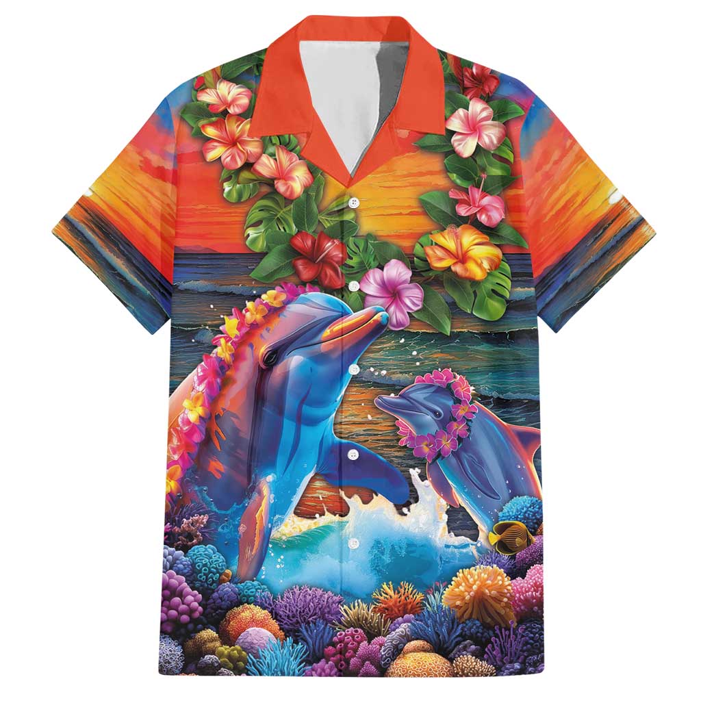 Hawaiian Lei Day Hawaiian Shirt Dolphins with Colorful Corals and Romantic Sunset LT03 Orange - Polynesian Pride