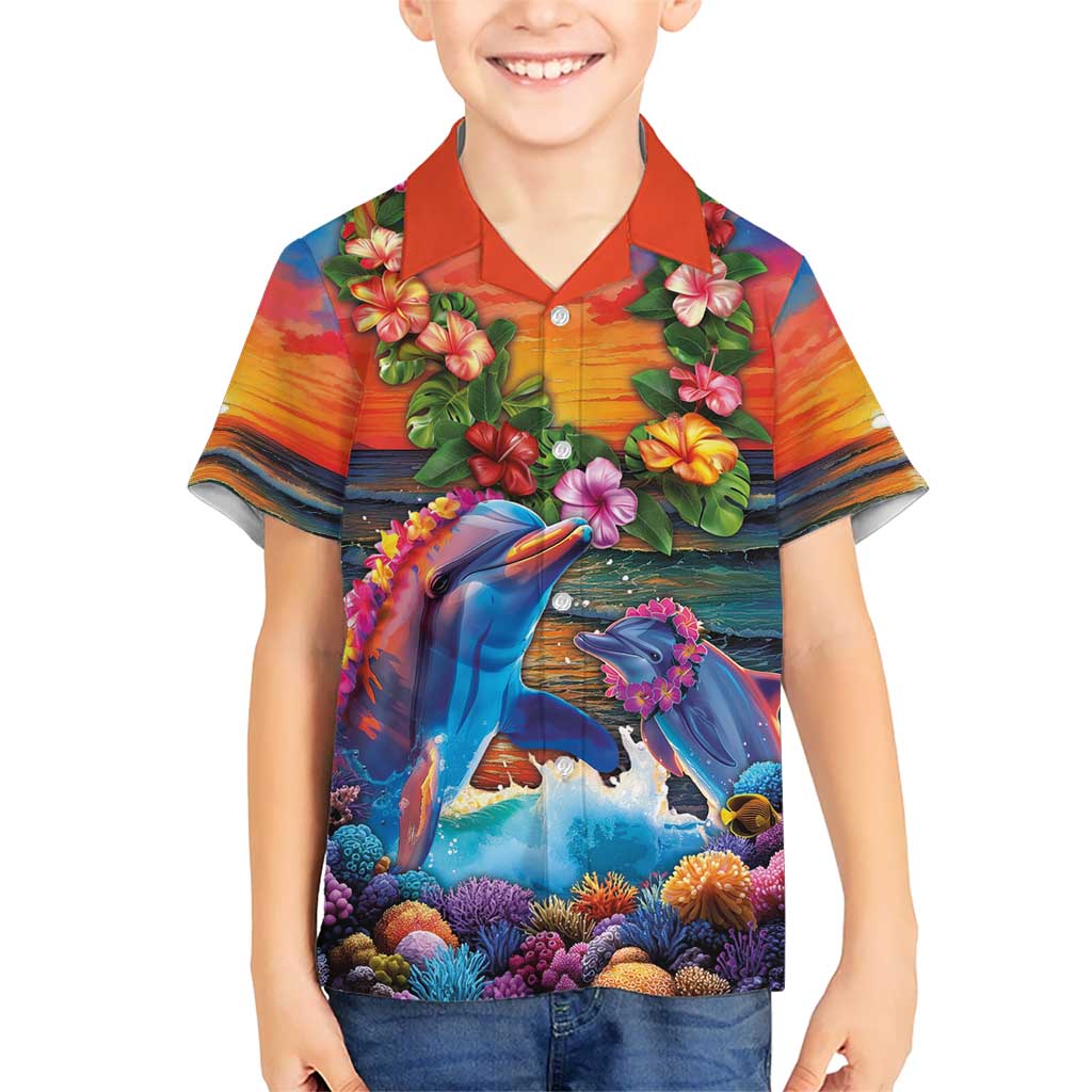 Hawaiian Lei Day Hawaiian Shirt Dolphins with Colorful Corals and Romantic Sunset LT03 - Polynesian Pride