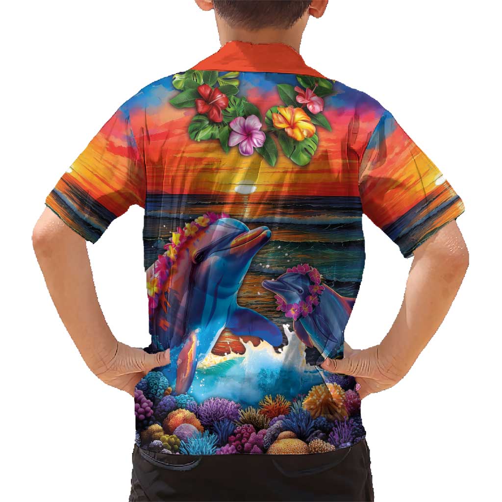 Hawaiian Lei Day Hawaiian Shirt Dolphins with Colorful Corals and Romantic Sunset LT03 - Polynesian Pride
