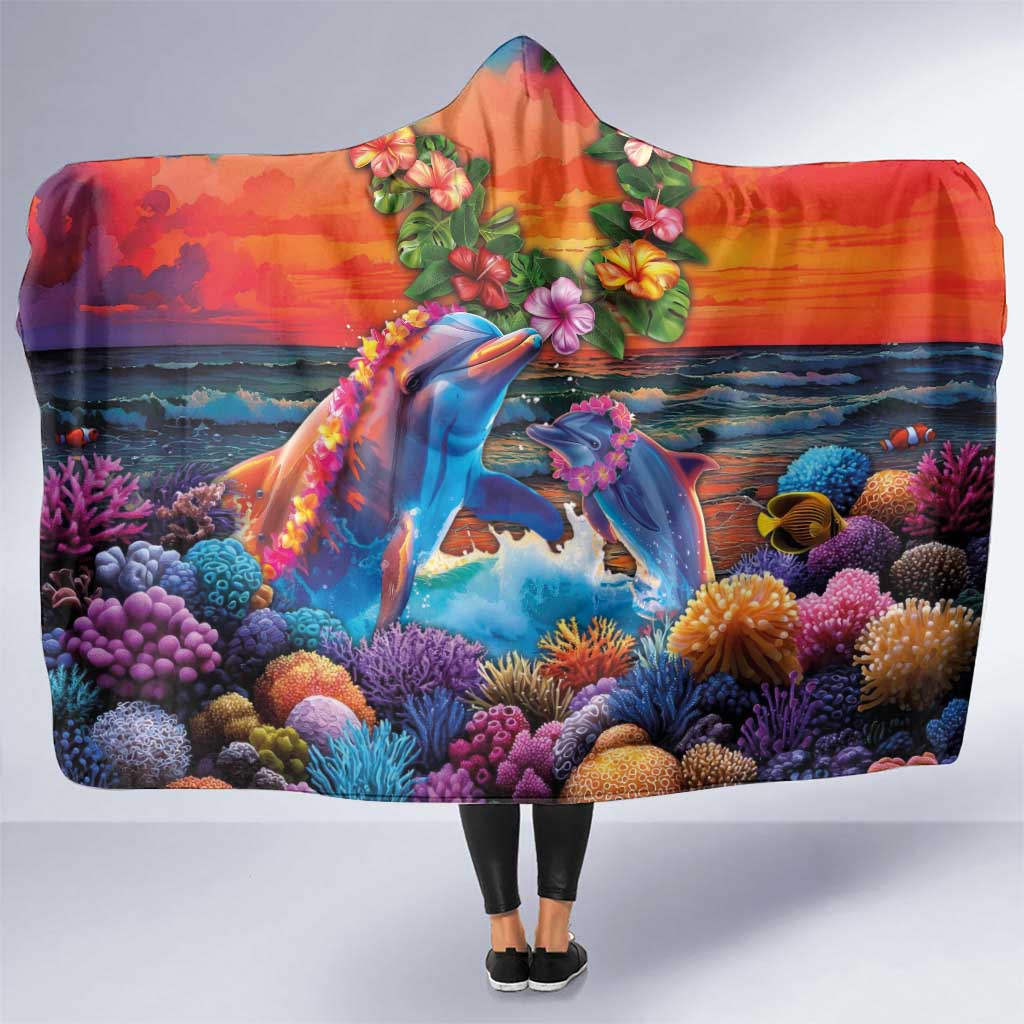 Hawaiian Lei Day Hooded Blanket Dolphins with Colorful Corals and Romantic Sunset LT03 One Size Orange - Polynesian Pride