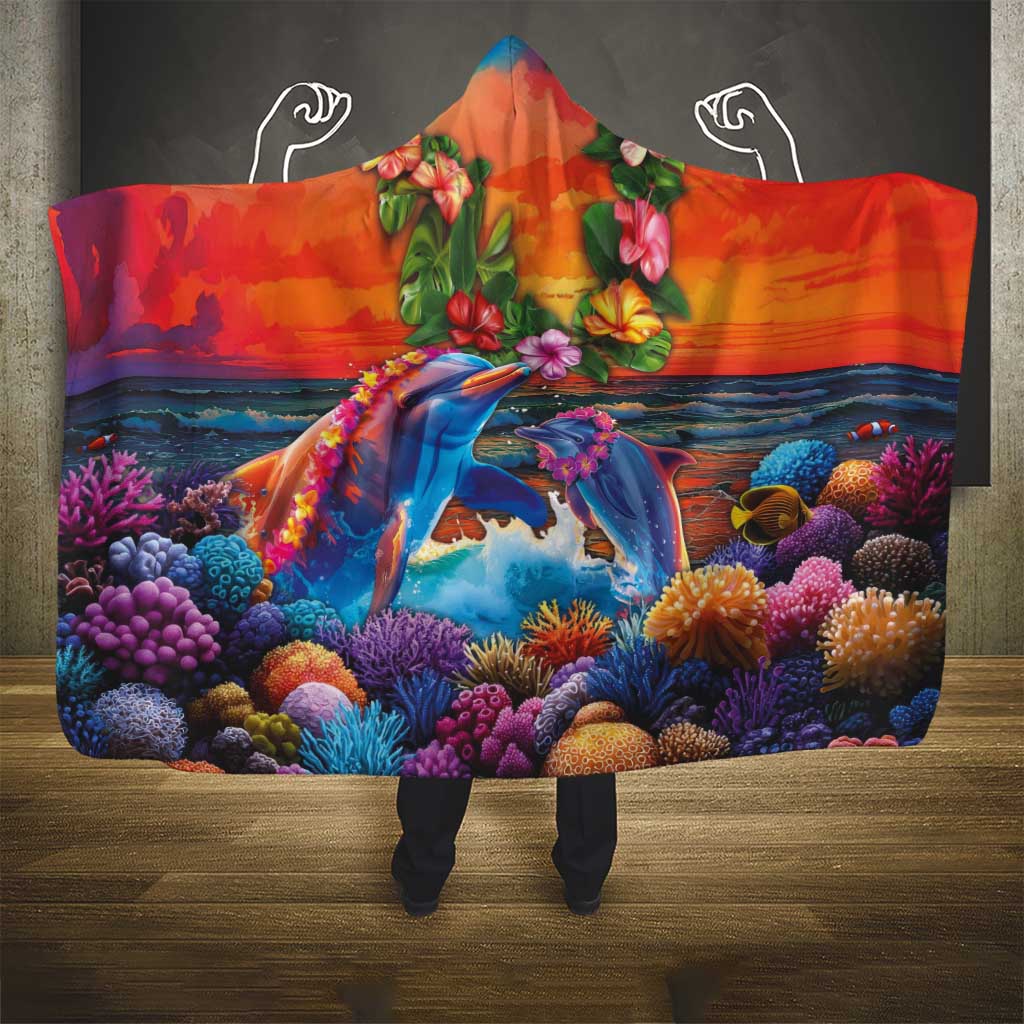 Hawaiian Lei Day Hooded Blanket Dolphins with Colorful Corals and Romantic Sunset LT03 - Polynesian Pride