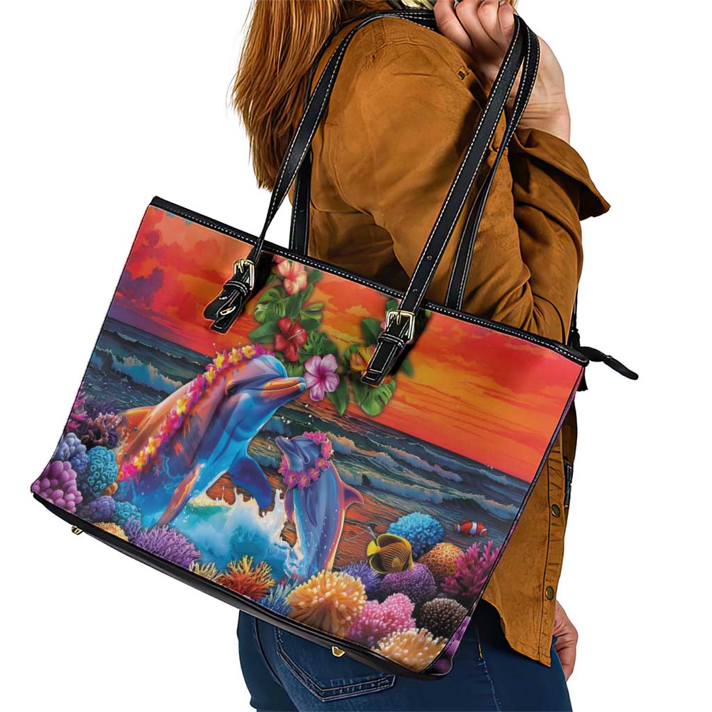 Hawaiian Lei Day Leather Tote Bag Dolphins with Colorful Corals and Romantic Sunset