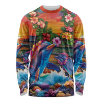 Hawaiian Lei Day Long Sleeve Shirt Dolphins with Colorful Corals and Romantic Sunset LT03 Unisex Orange - Polynesian Pride