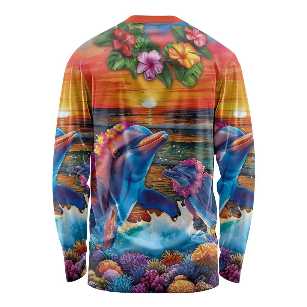 Hawaiian Lei Day Long Sleeve Shirt Dolphins with Colorful Corals and Romantic Sunset LT03 - Polynesian Pride