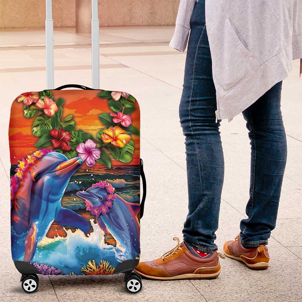 Hawaiian Lei Day Luggage Cover Dolphins with Colorful Corals and Romantic Sunset