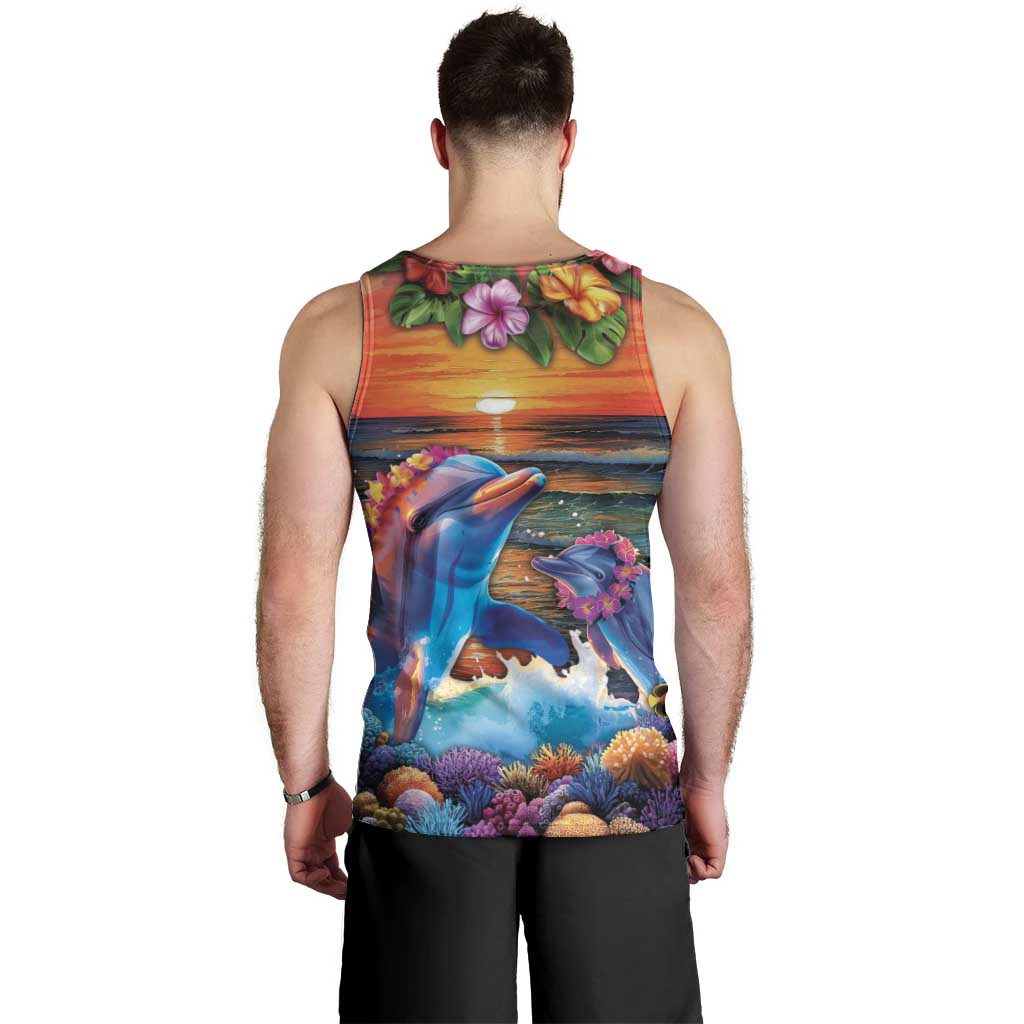 Hawaiian Lei Day Men Tank Top Dolphins with Colorful Corals and Romantic Sunset LT03 - Polynesian Pride