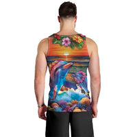 Hawaiian Lei Day Men Tank Top Dolphins with Colorful Corals and Romantic Sunset LT03 - Polynesian Pride