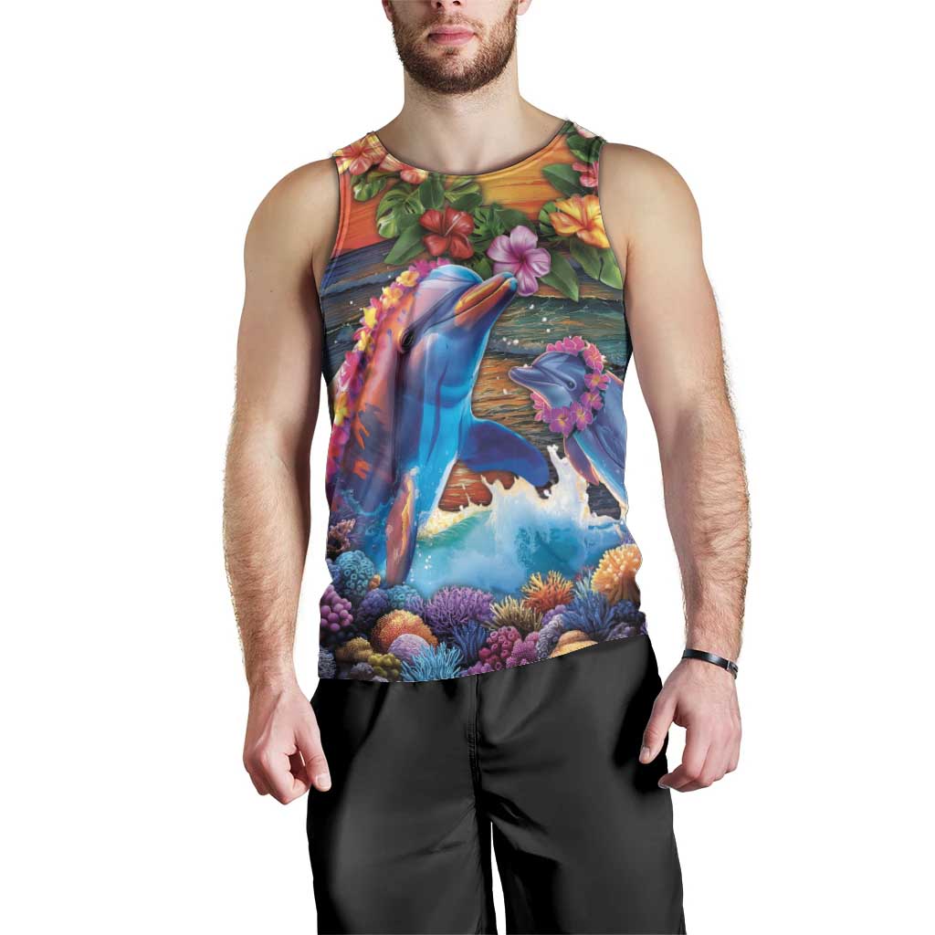 Hawaiian Lei Day Men Tank Top Dolphins with Colorful Corals and Romantic Sunset LT03 - Polynesian Pride