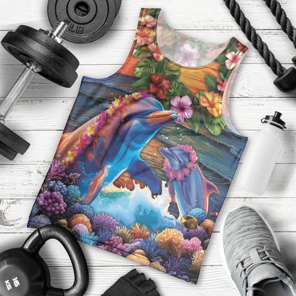 Hawaiian Lei Day Men Tank Top Dolphins with Colorful Corals and Romantic Sunset LT03 - Polynesian Pride