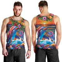 Hawaiian Lei Day Men Tank Top Dolphins with Colorful Corals and Romantic Sunset LT03 - Polynesian Pride