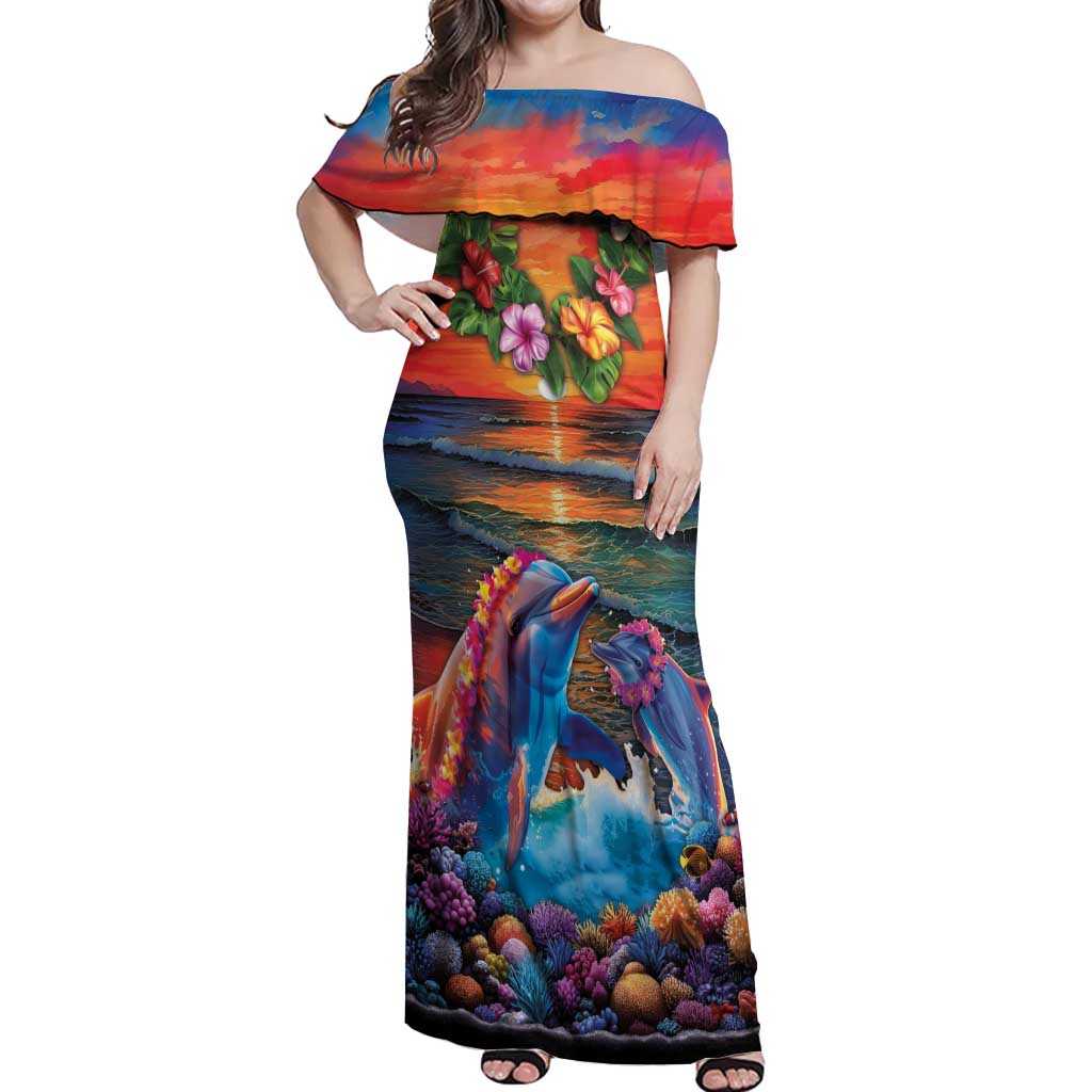 Hawaiian Lei Day Off Shoulder Maxi Dress Dolphins with Colorful Corals and Romantic Sunset LT03 Women Orange - Polynesian Pride