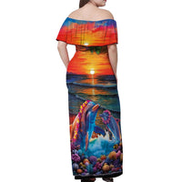 Hawaiian Lei Day Off Shoulder Maxi Dress Dolphins with Colorful Corals and Romantic Sunset LT03 - Polynesian Pride