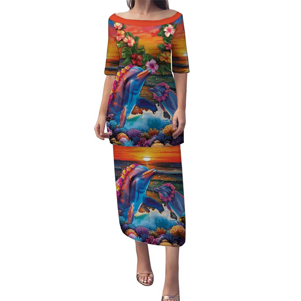 Hawaiian Lei Day Puletasi Dolphins with Colorful Corals and Romantic Sunset LT03 Long Dress Orange - Polynesian Pride