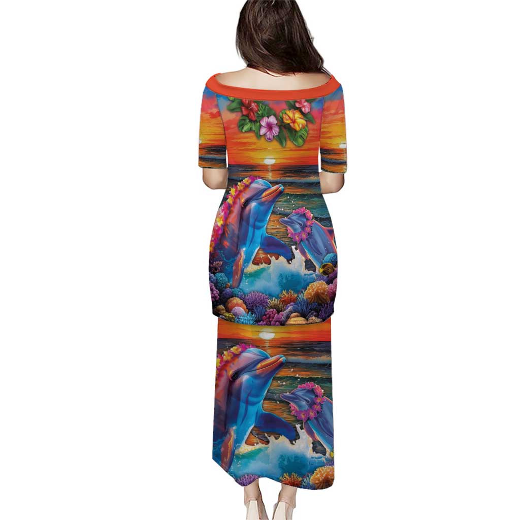 Hawaiian Lei Day Puletasi Dolphins with Colorful Corals and Romantic Sunset LT03 - Polynesian Pride