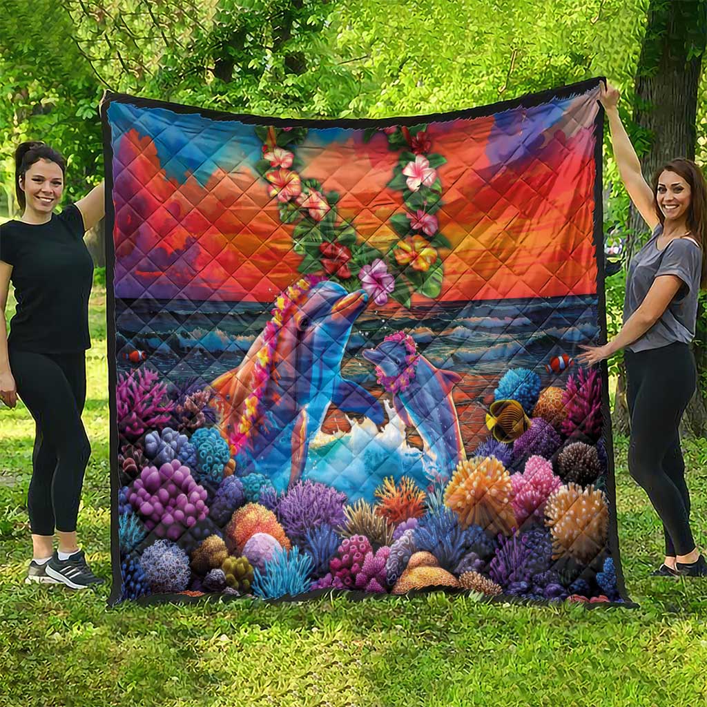 Hawaiian Lei Day Quilt Dolphins with Colorful Corals and Romantic Sunset