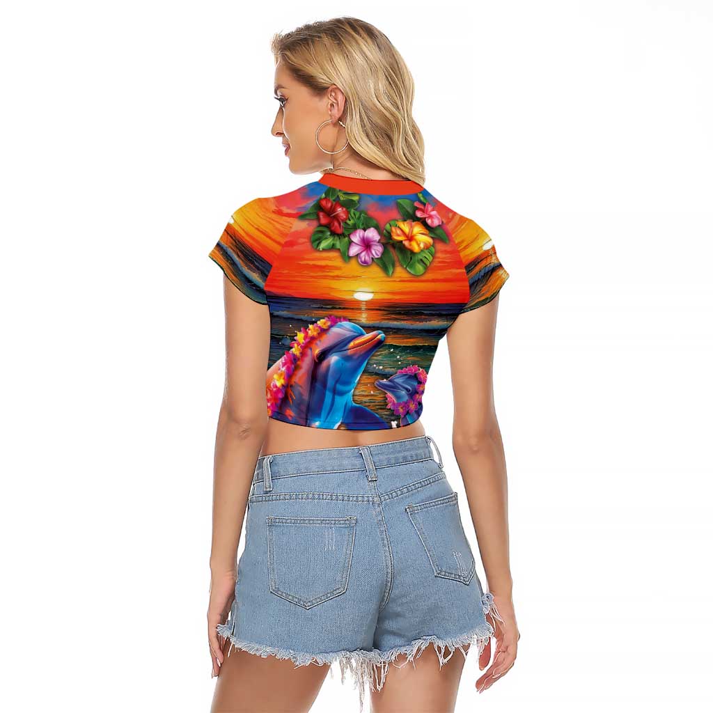 Hawaiian Lei Day Raglan Cropped T Shirt Dolphins with Colorful Corals and Romantic Sunset LT03 - Polynesian Pride