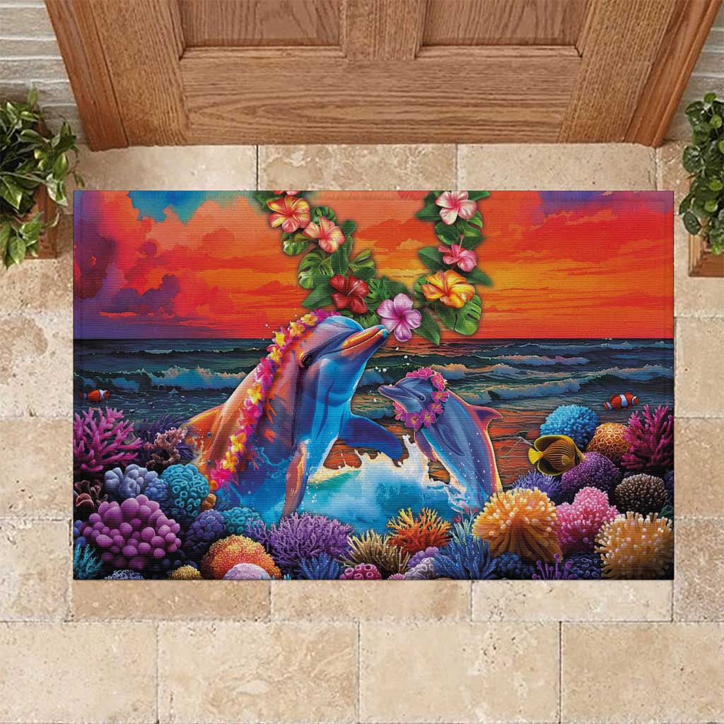 Hawaiian Lei Day Rubber Doormat Dolphins with Colorful Corals and Romantic Sunset LT03 Orange - Polynesian Pride