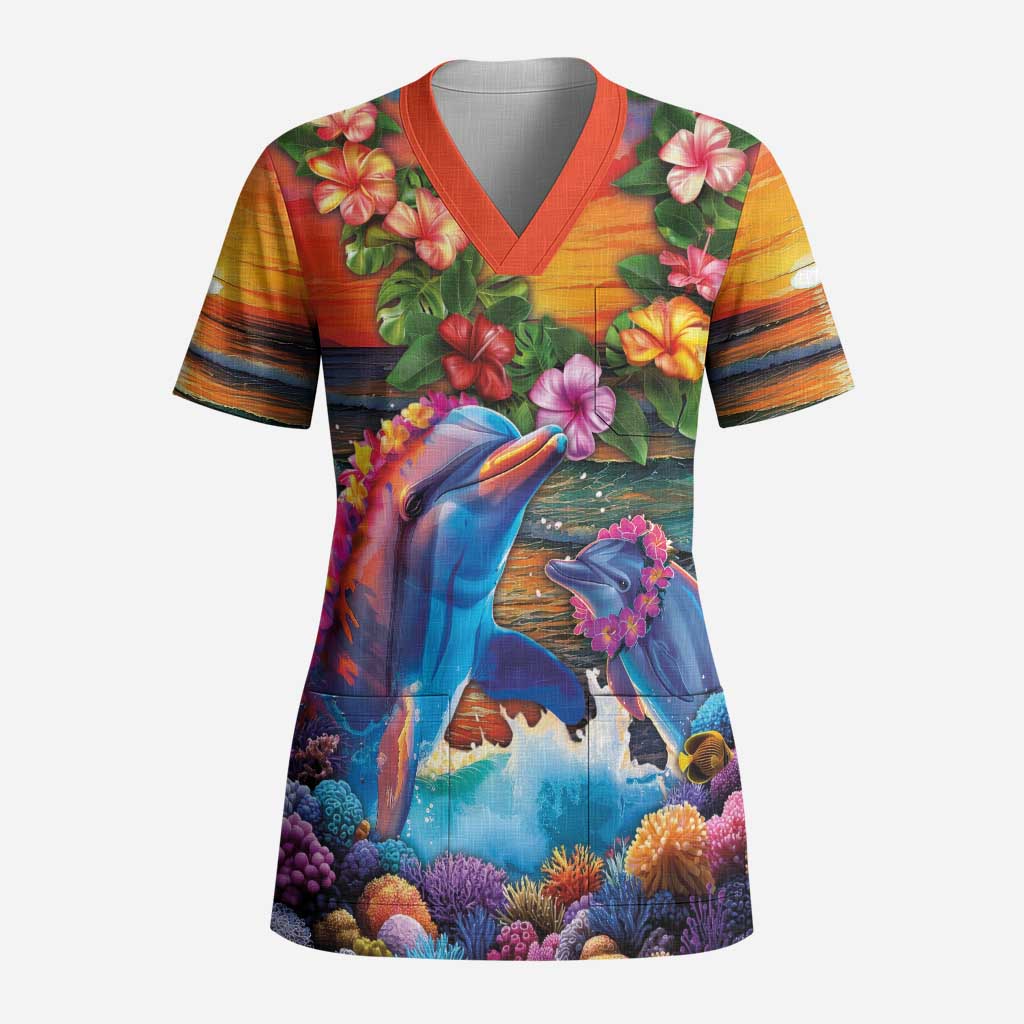 Hawaiian Lei Day Scrub Top Dolphins with Colorful Corals and Romantic Sunset - Polynesian Pride