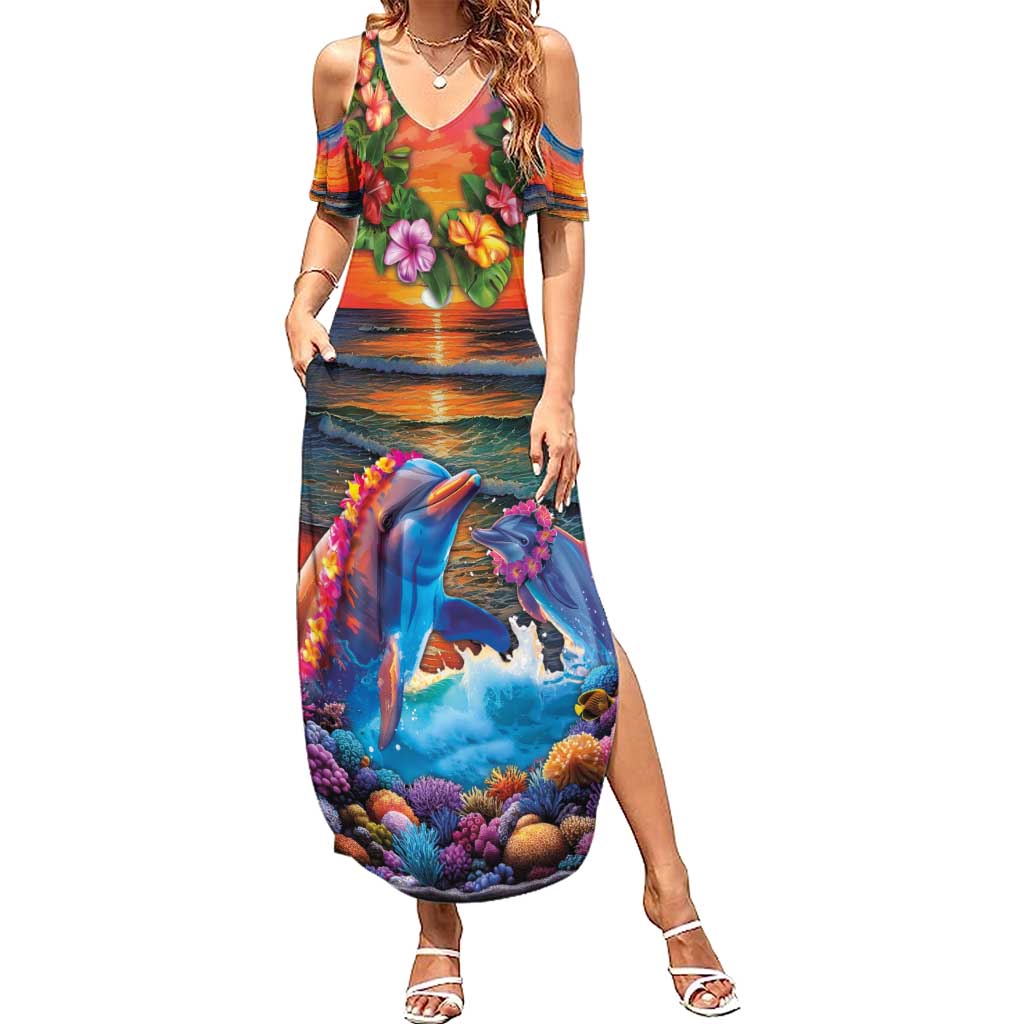 Hawaiian Lei Day Summer Maxi Dress Dolphins with Colorful Corals and Romantic Sunset LT03 Women Orange - Polynesian Pride