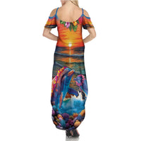 Hawaiian Lei Day Summer Maxi Dress Dolphins with Colorful Corals and Romantic Sunset LT03 - Polynesian Pride
