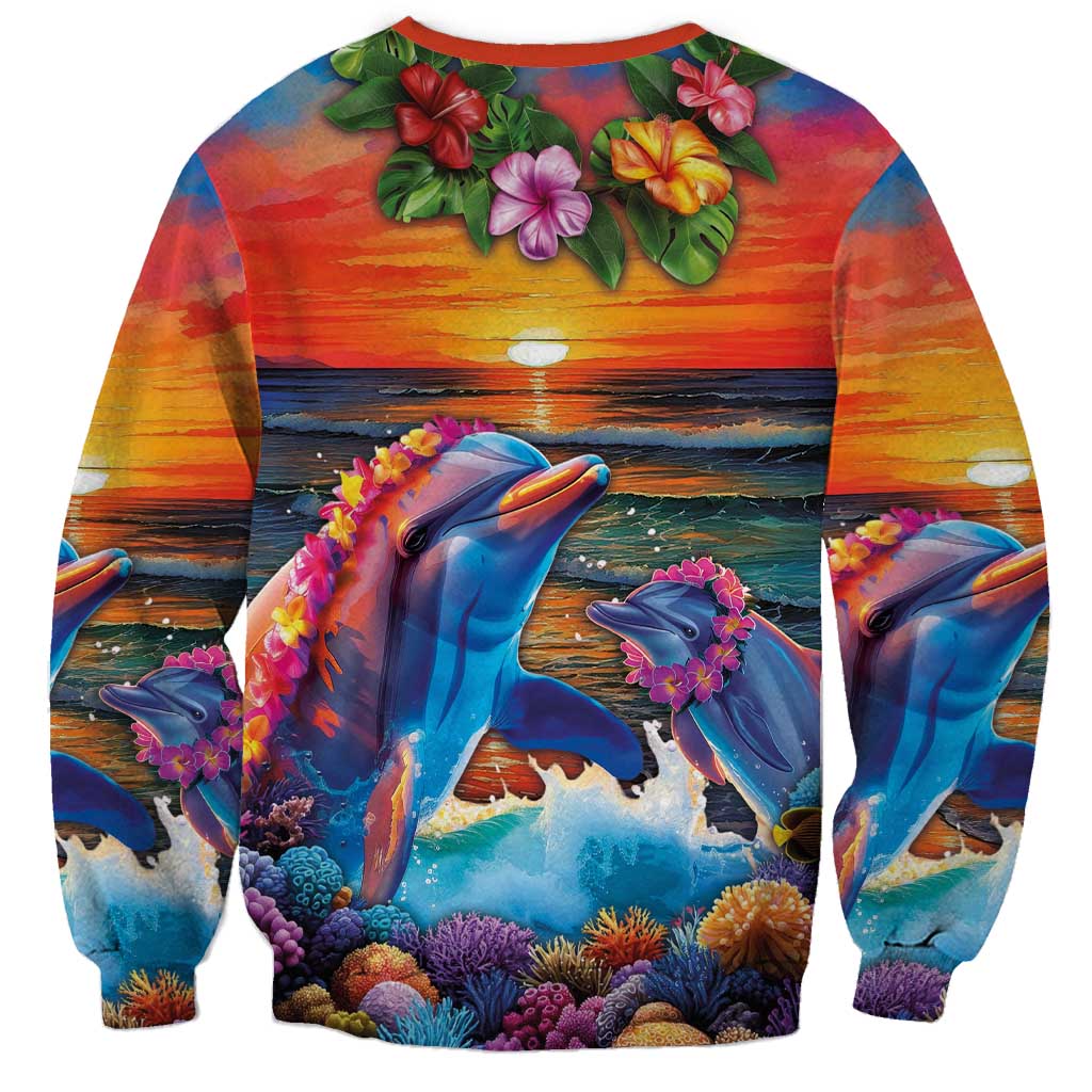 Hawaiian Lei Day Sweatshirt Dolphins with Colorful Corals and Romantic Sunset LT03 - Polynesian Pride