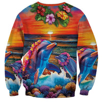 Hawaiian Lei Day Sweatshirt Dolphins with Colorful Corals and Romantic Sunset LT03 - Polynesian Pride