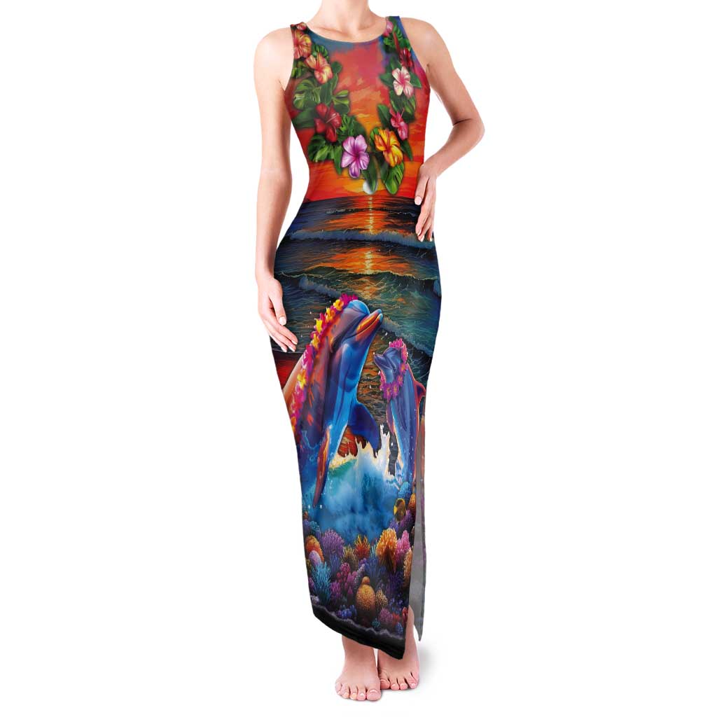 Hawaiian Lei Day Tank Maxi Dress Dolphins with Colorful Corals and Romantic Sunset LT03 Women Orange - Polynesian Pride