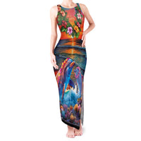 Hawaiian Lei Day Tank Maxi Dress Dolphins with Colorful Corals and Romantic Sunset LT03 Women Orange - Polynesian Pride