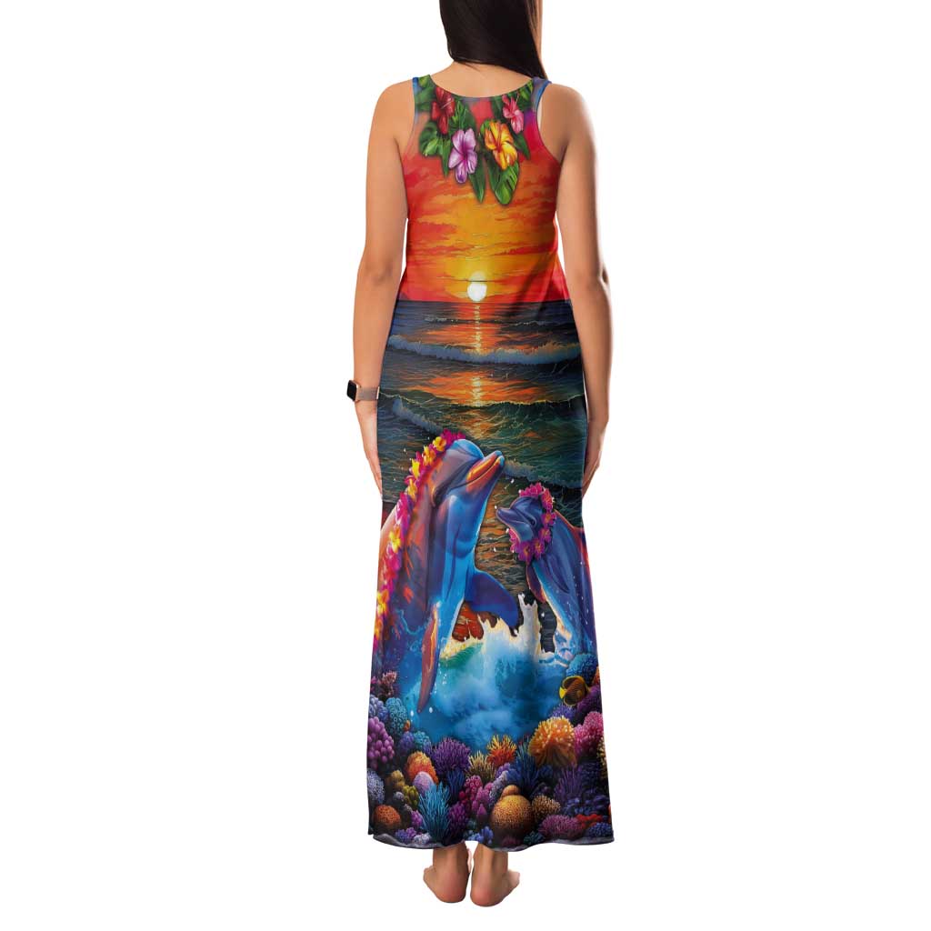 Hawaiian Lei Day Tank Maxi Dress Dolphins with Colorful Corals and Romantic Sunset LT03 - Polynesian Pride