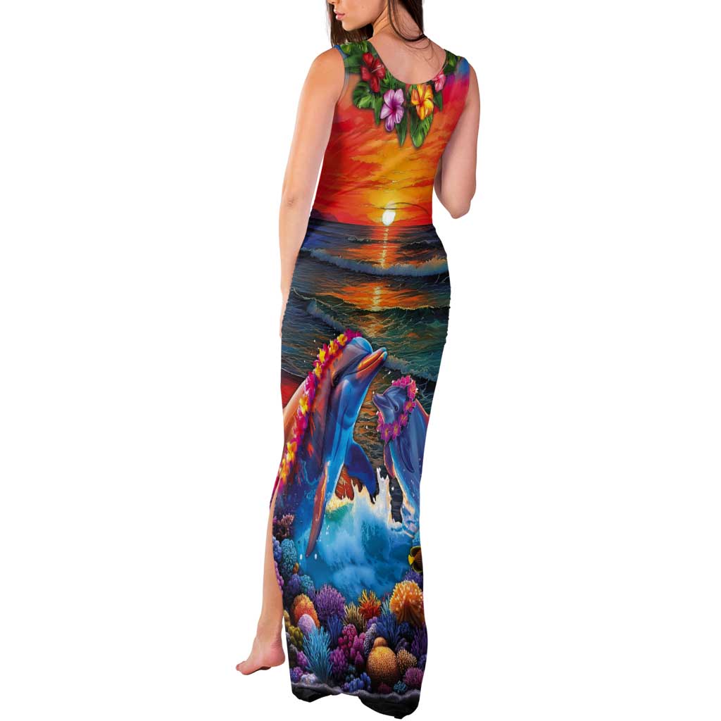 Hawaiian Lei Day Tank Maxi Dress Dolphins with Colorful Corals and Romantic Sunset LT03 - Polynesian Pride
