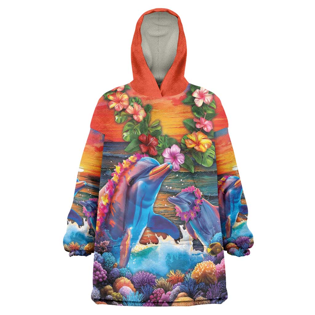 Hawaiian Lei Day Wearable Blanket Hoodie Dolphins with Colorful Corals and Romantic Sunset LT03 One Size Orange - Polynesian Pride