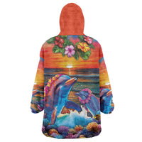 Hawaiian Lei Day Wearable Blanket Hoodie Dolphins with Colorful Corals and Romantic Sunset LT03 - Polynesian Pride