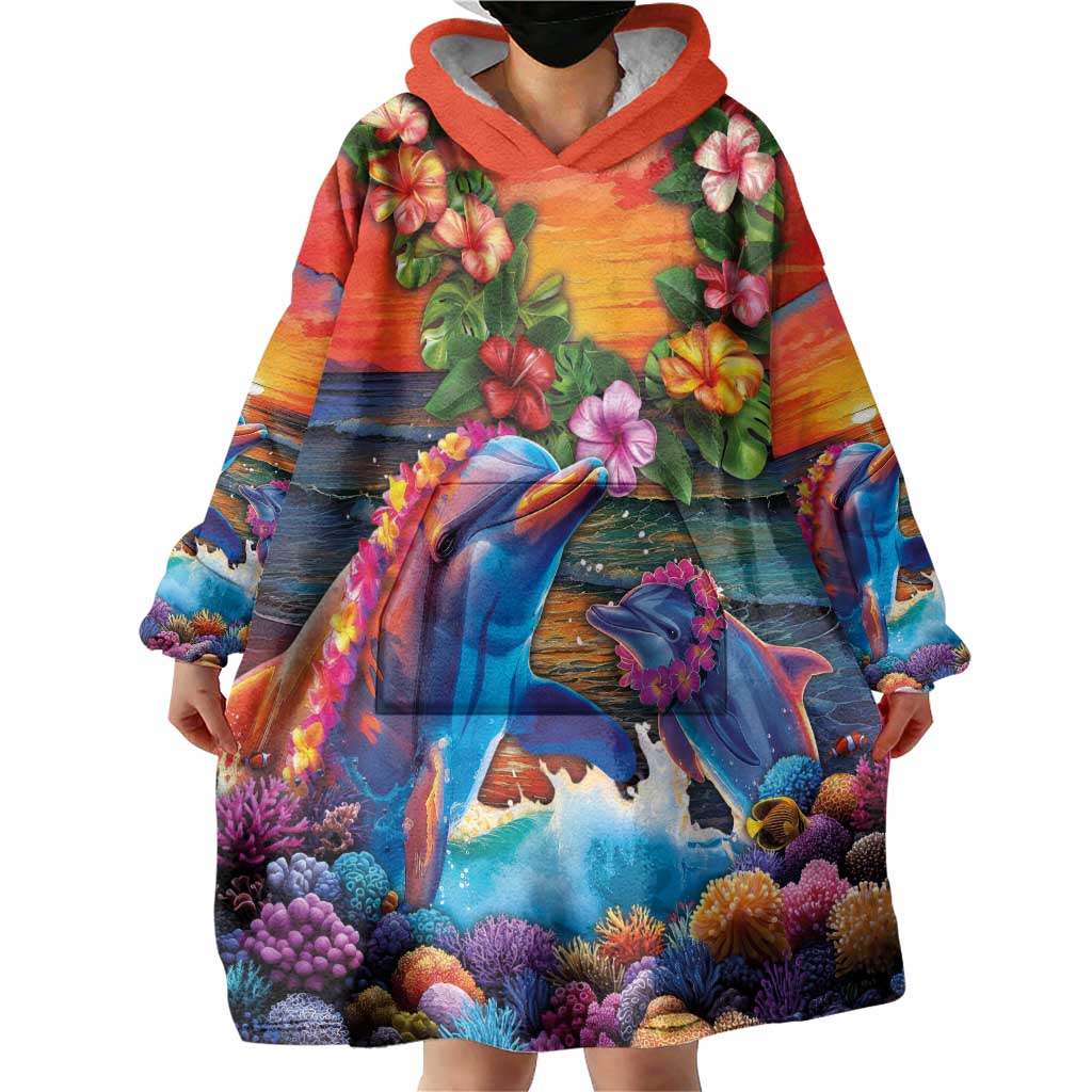 Hawaiian Lei Day Wearable Blanket Hoodie Dolphins with Colorful Corals and Romantic Sunset LT03 - Polynesian Pride