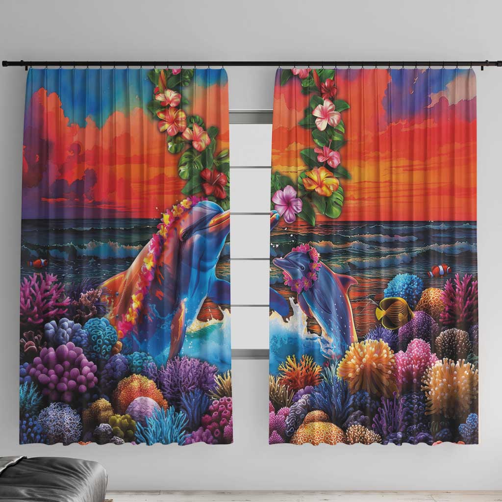 Hawaiian Lei Day Window Curtain Dolphins with Colorful Corals and Romantic Sunset LT03 With Hooks Orange - Polynesian Pride