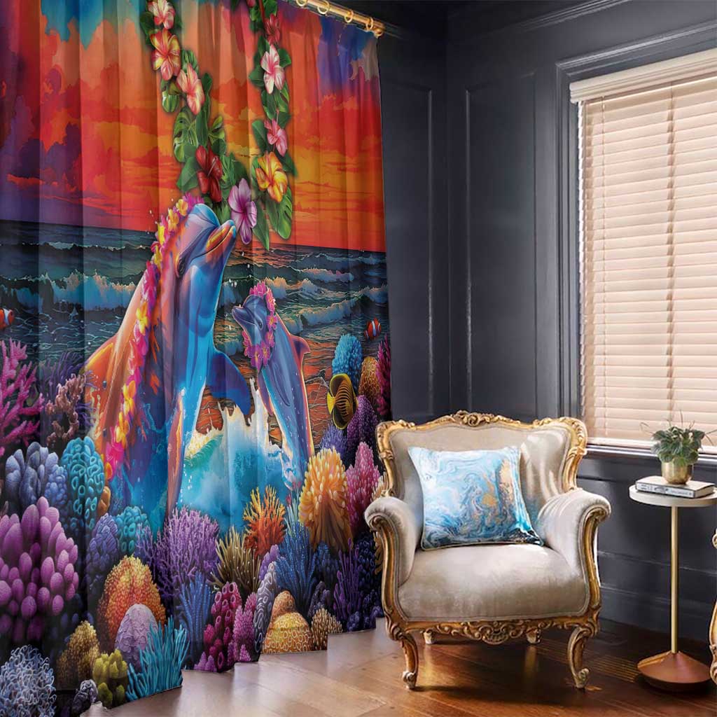 Hawaiian Lei Day Window Curtain Dolphins with Colorful Corals and Romantic Sunset LT03 - Polynesian Pride